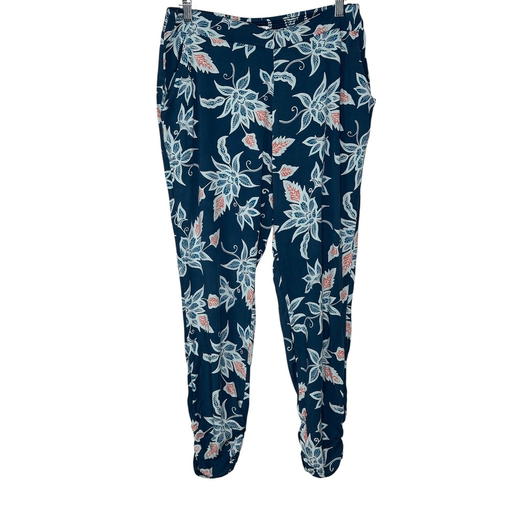Carve Designs Jogger Pants Medium Blue Floral Rayon Ruched Ankle Boho Summer